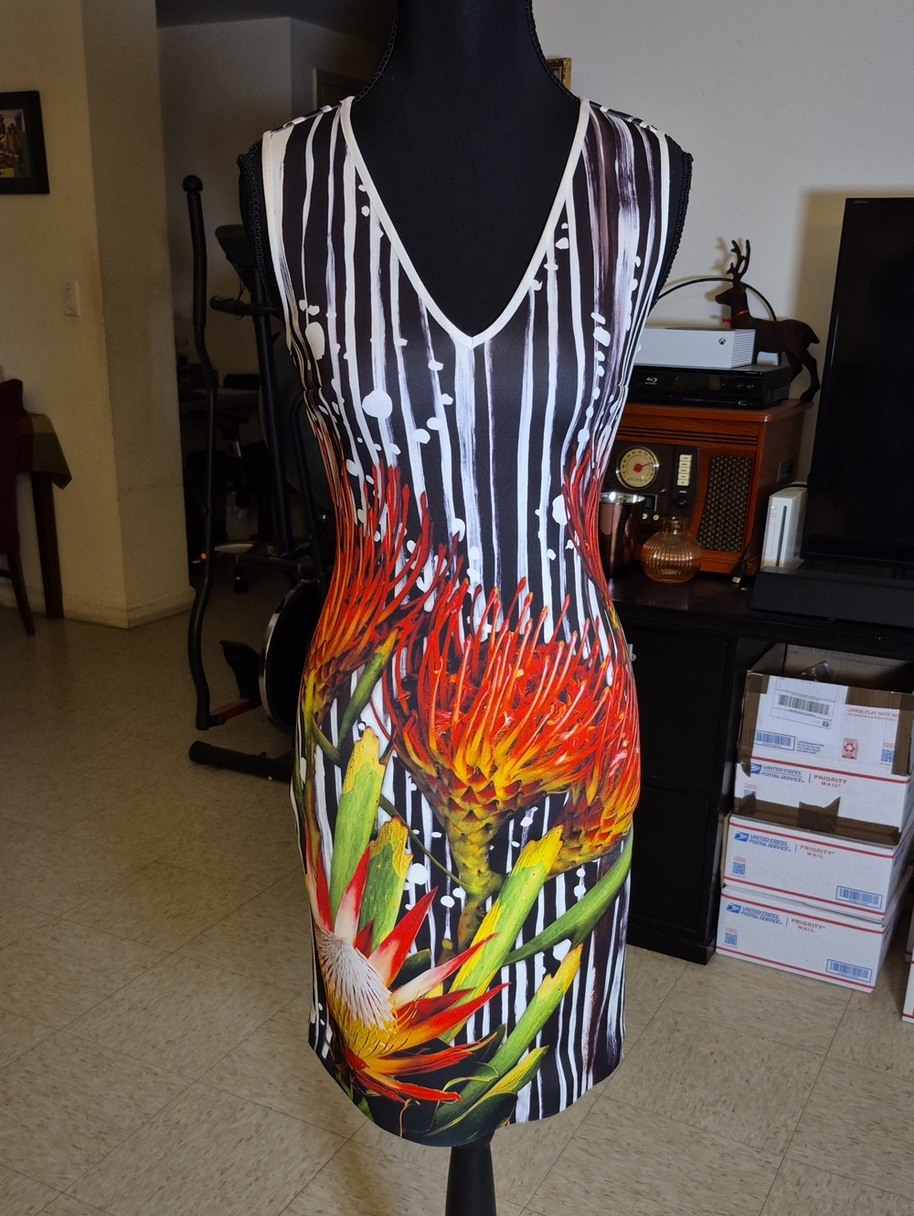 Clover Canyon Black White Stripe Midi Dress with Red & Yellow Floral Print